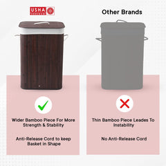 USHA SHRIRAM Foldable Bamboo Laundry Basket With Lid | Sustainable & Eco-Friendly | Travel Essential | Printed Laundry Basket (40cmx30cmx60cm) | Easy To Carry | Dark Brown (1 Pcs, Dark Brown)