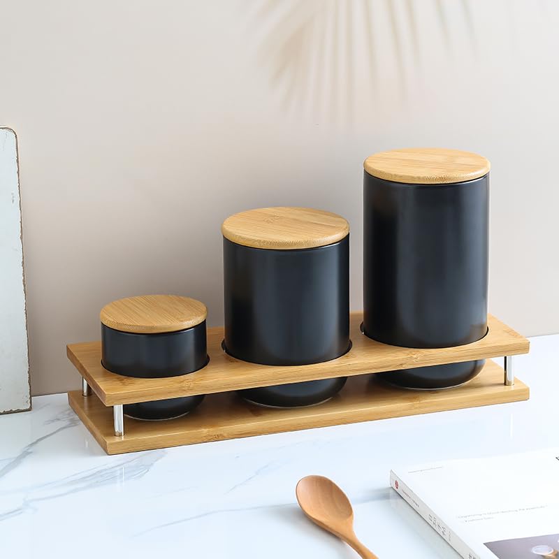 USHA SHRIRAM Ceramic Jar Set (3 Pcs - 260ml, 800ml, 1000ml) Container For Kitchen Storage Box | Spice Jars For Kitchen | Air Tight Kitchen Jars & Containers Set With Lid For Storage | Black