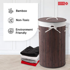 USHA SHRIRAM Foldable Bamboo Laundry Basket With Lid | Sustainable & Eco-Friendly | Travel Essential | Solid Laundry Basket (35cmx35cmx60cm) | Easy To Carry (1 Pcs, Dark Brown)