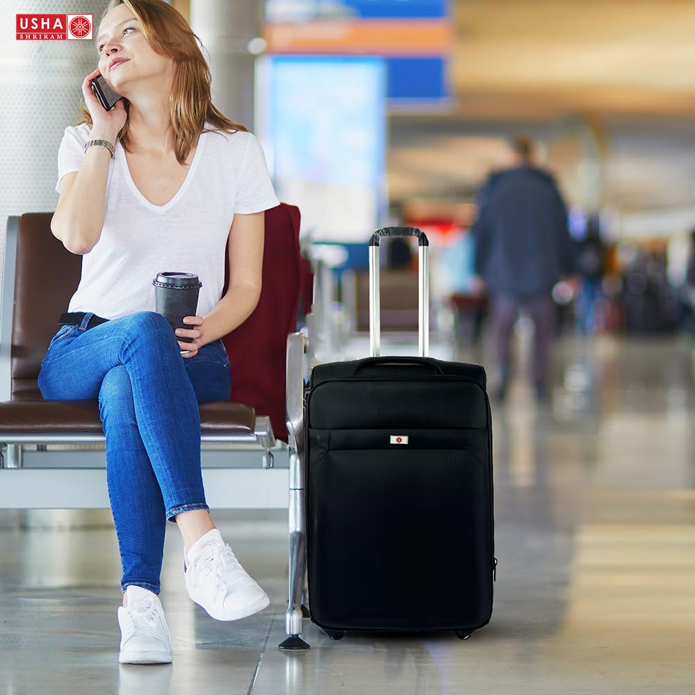 USHA SHRIRAM Fabric (Cabin Bag) 20 inch Black Luggage Bag (55cm)|Trolley Suitcase for Travel Travel Luggage for Men Women |360 Wheel Travel Bags