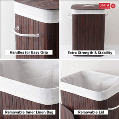 USHA SHRIRAM Foldable Bamboo Laundry Basket With Lid | Sustainable & Eco-Friendly | Travel Essential | Printed Laundry Basket (40cmx30cmx60cm) | Easy To Carry | Dark Brown (1 Pcs, Dark Brown)