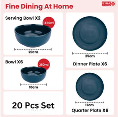 USHA SHRIRAM Ceramic Dinner Set (20 Pcs) | Microwave Safe Dinner Plates and Bowls Sets Cookware | Chip Resistant Dinnerware Sets | House Warming Gifts New Home for Couple Men Women (Deep Green)