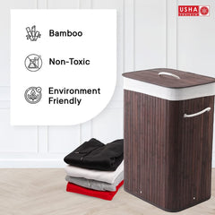 USHA SHRIRAM Foldable Bamboo Laundry Basket With Lid | Sustainable & Eco-Friendly | Travel Essential | Printed Laundry Basket (40cmx30cmx60cm) | Easy To Carry | Dark Brown (1 Pcs, Dark Brown)