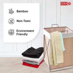 USHA SHRIRAM Foldable Fabric Laundry Basket | Sustainable & Eco-Friendly | Travel Essential | Washbale Laundry Basket (40cmx30cmx60cm) | Easy To Carry | Beige (1 Pcs, Bag)