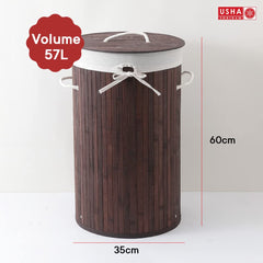 USHA SHRIRAM Foldable Bamboo Laundry Basket With Lid | Sustainable & Eco-Friendly | Travel Essential | Solid Laundry Basket (35cmx35cmx60cm) | Easy To Carry (1 Pcs, Dark Brown)