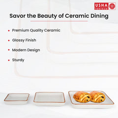USHA SHRIRAM Ceramic Tray for Serving | Serving Tray Set of 3 | Dry Fruit Tray for Serving | Square Tray | Ceramic Serving Platter Set | Platter Tray | Snack Tray | Microwave Safe Plates (White)