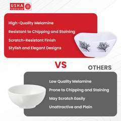 USHA SHRIRAM Melamine (220ml) Square Veg Bowl Set |Fibre Plastic Snack Dessert Vegetable Bowl | Heat Resistant| Durable Shatter Resistant| Light Weight| BPA Free (Black Tree, 6 Pcs)