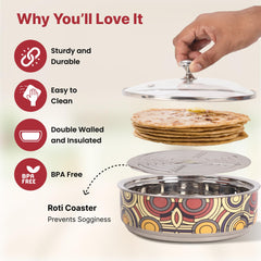 USHA SHRIRAM Insulated Casserole For Roti (1500ml) |Stainless Steel Hot Roti Box For Kitchen | Chapati Box For Kitchen | Serving Bowl Set | Curry Bowls For Serving | Kitchen Gift Items (Print 3)