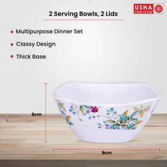 USHA SHRIRAM Melamine (220ml) Square Veg Bowl Set |Fibre Plastic Snack Dessert Vegetable Bowl | Heat Resistant| Durable Shatter Resistant| Light Weight| BPA Free (Green Marble Flower, 6 Pcs)