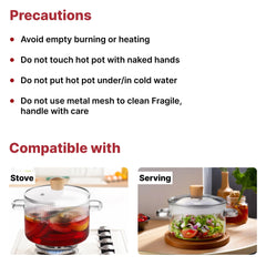 USHA SHRIRAM Borosilicate Tope with Lid & Handle (1.4L) | Handi Casserole | Small Milk Tea Pan | Boiling Pan | Patila for Boiling | Glass Cookware for Gas Stove | Gift for Housewarming (Clear)