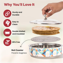 USHA SHRIRAM Insulated Casserole for Roti (1500ml) |Stainless Steel Hot Roti Box | Chapati Box for Kitchen | Serving Bowl Set | Hot Boxes for Kitchen | Curry Bowls for Serving | Kitchen Gift Items