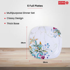USHA SHRIRAM Melamine 6 Plate Set | Fibre Dinner Set for Family | Melamine Set | Unbreakable | Heat Resistant| Durable| Shatter Resistant | Light Weight| BPA Free (Green Marble Flower)