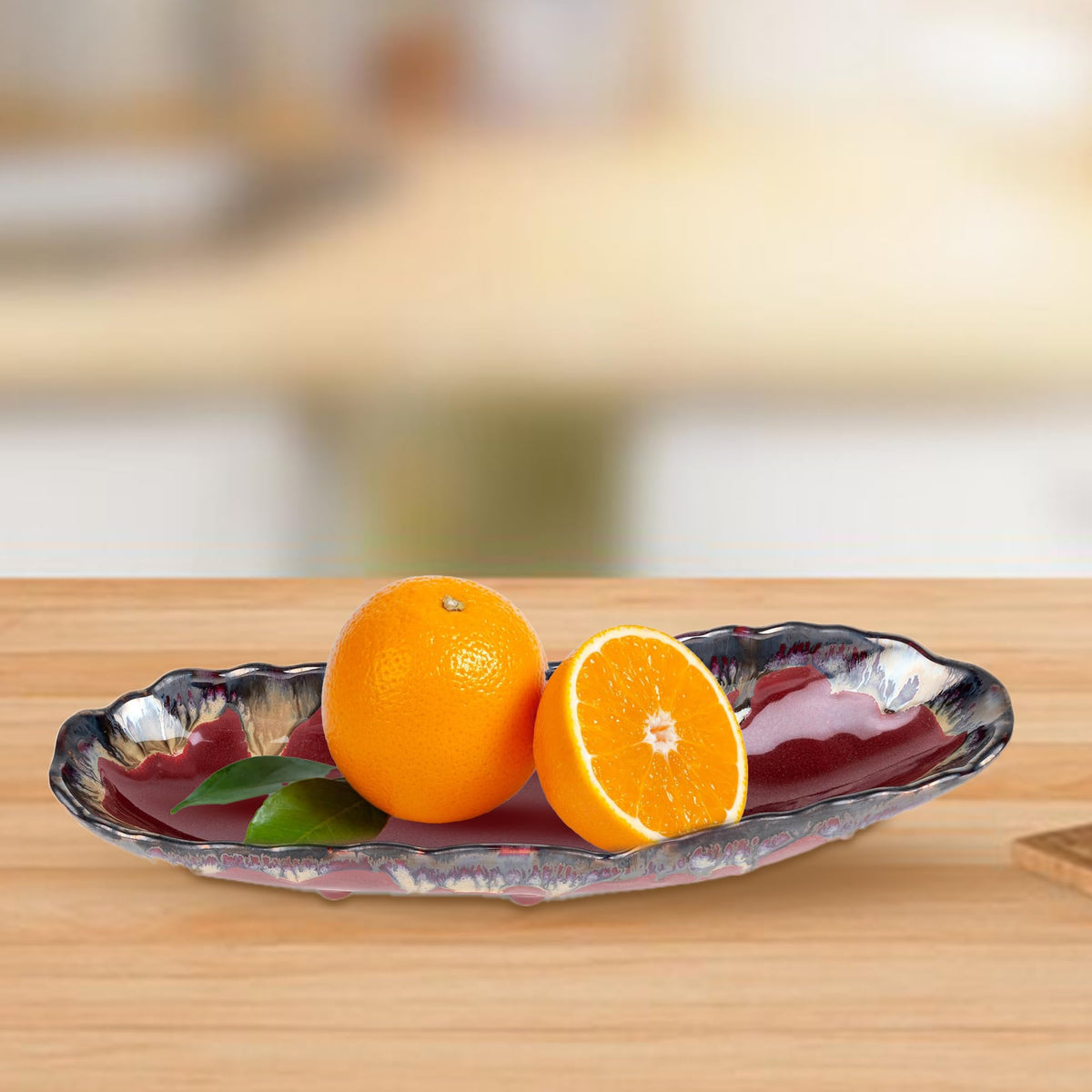 USHA SHRIRAM Ceramic Tray for Serving | Microwave Safe | Dry Fruit Tray for Serving | Fruit Basket for Dining Table | Serving Platter Tray for Snacks | Breakfast Tray | Snack Tray (Maroon Golden)