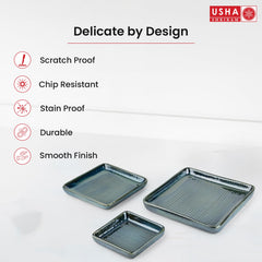 USHA SHRIRAM Ceramic Tray for Serving | Serving Tray Set of 3 | Dry Fruit Tray for Serving | Square Tray | Ceramic Serving Platter Set | Platter Tray | Snack Tray | Microwave Safe Plates (Green)