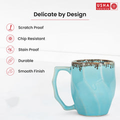 USHA SHRIRAM Ceramic Tea & Coffee Mug | Teal | Microwave Safe | Refrigerator Safe | Scratch Resistant | Stain Proof | Dinnerware | Dinner Plate for Family Occasion | Diwali Gift Set