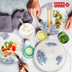 USHA SHRIRAM Dine Smart Melamine 32 Pieces Stylon Dinner Set Heat-Resistant | Durable | Shatter-Resistant | Light-Weight | BPA Free (Blue Vector Flower)