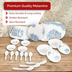 USHA SHRIRAM Dine Smart Melamine 32 Pieces Stylon Dinner Set Heat-Resistant | Durable | Shatter-Resistant | Light-Weight | BPA Free (Blue Vector Flower)