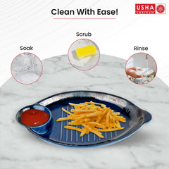 USHA SHRIRAM Ceramic Snack Tray with Dip Bowl | Chutney Bowl | Salsa Dip Tray (13 Inch)| Ceramic Serving Platter | Platter Tray | Snack Tray | Serving Plate | Microwave Safe Plates (Navy)