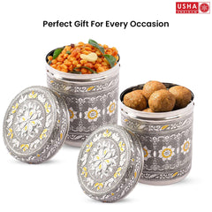 USHA SHRIRAM Stainless Steel Crafted Storage Box (800ml, 1.2L, 1.6L) Gift Set | Kitchen Storage Organiser | Dabba For Kitchen | Rust Proof | Multi Purpose Box (Silver)