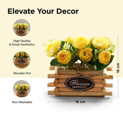USHA SHRIRAM 10 Headed Yellow Tea Rose Flowers Artificial Plant with Wooden Pot | 16 Cm Long | Indoor Artificial Plants For Living Room | Office Table Decor | Decor Items For Bedroom | Pinterest Finds