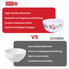 USHA SHRIRAM Melamine (220ml) Veg Bowl Set |Fibre Plastic Snack Dessert Vegetable Bowl | Unbreakable Heat Resistant| Durable Shatter Resistant| Light Weight| BPA Free (Red Flower, 6 Pcs)