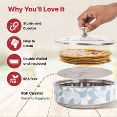 USHA SHRIRAM Insulated Casserole for Roti (1500ml) |Stainless Steel Hot Roti Box | Chapati Box for Kitchen | Serving Bowl Set | Hot Boxes for Kitchen | Curry Bowls for Serving | Kitchen Gift Items