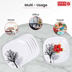 USHA SHRIRAM Melamine 6 Plate Set | Fibre Dinner Set for Family | Melamine Set | Unbreakable | Heat Resistant| Durable| Shatter Resistant | Light Weight| BPA Free (Black Tree)