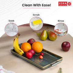 USHA SHRIRAM Ceramic Tray for Serving | Microwave Safe | Dry Fruit Tray for Serving | Fruit Basket for Dining Table | Serving Platter Tray for Snacks | Breakfast Tray | Snack Tray (Green Grey)