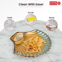 USHA SHRIRAM Ceramic Snack Tray with Dip Bowl | Chutney Bowl | Salsa Dip Tray (10 Inch)| Ceramic Serving Platter | Platter Tray | Snack Tray | Serving Plate | Microwave Safe Plates (Brown Green)