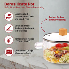 USHA SHRIRAM Borosilicate Tope with Lid & Handle (1.4L) | Handi Casserole | Small Milk Tea Pan | Boiling Pan | Patila for Boiling | Glass Cookware for Gas Stove | Gift for Housewarming (Clear)