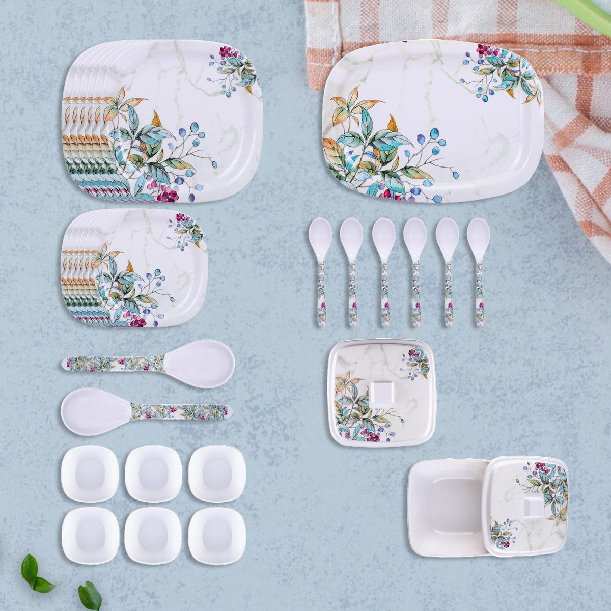 USHA SHRIRAM Melamine Dinner Set (31 Pcs) | Kitchen Set for Home | Unbreakable Plates and Bowls Set | Dinner Ware Set | Dinner Ware Set | Fiber Dinner Set | Gift for Marriage (Green Marble)