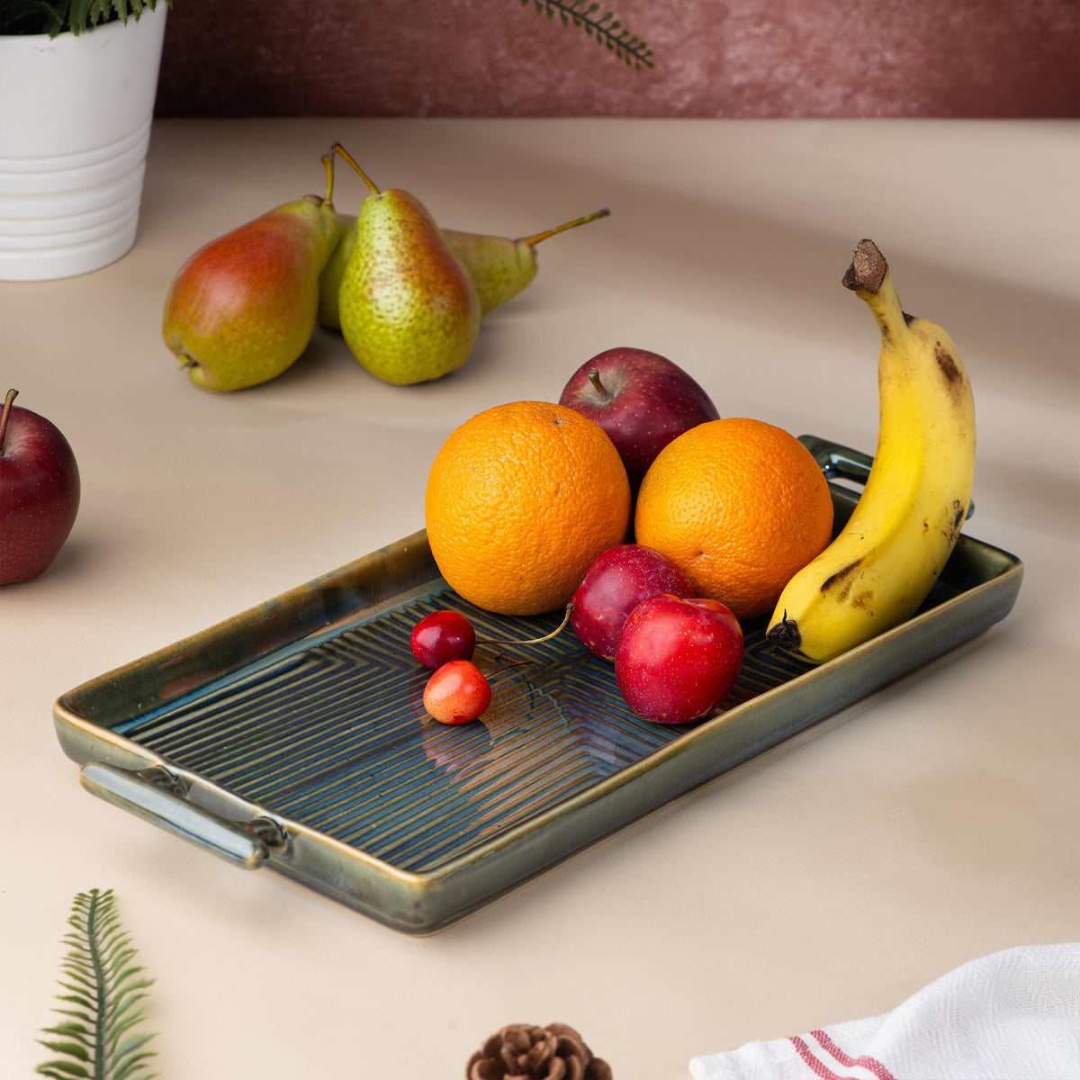 USHA SHRIRAM Ceramic Tray for Serving | Microwave Safe | Dry Fruit Tray for Serving | Fruit Basket for Dining Table | Serving Platter Tray for Snacks | Breakfast Tray | Snack Tray (Green Grey)