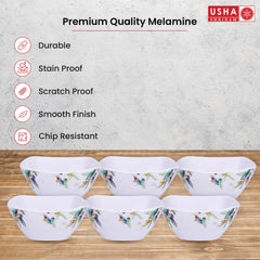 USHA SHRIRAM Melamine (220ml) Square Veg Bowl Set |Fibre Plastic Snack Dessert Vegetable Bowl | Heat Resistant| Durable Shatter Resistant| Light Weight| BPA Free (Blue Marble Flower, 6 Pcs)