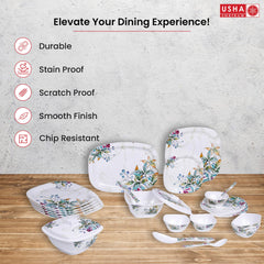 USHA SHRIRAM Melamine Dinner Set (31 Pcs) | Kitchen Set for Home | Unbreakable Plates and Bowls Set | Dinner Ware Set | Dinner Ware Set | Fiber Dinner Set | Gift for Marriage (Green Marble)