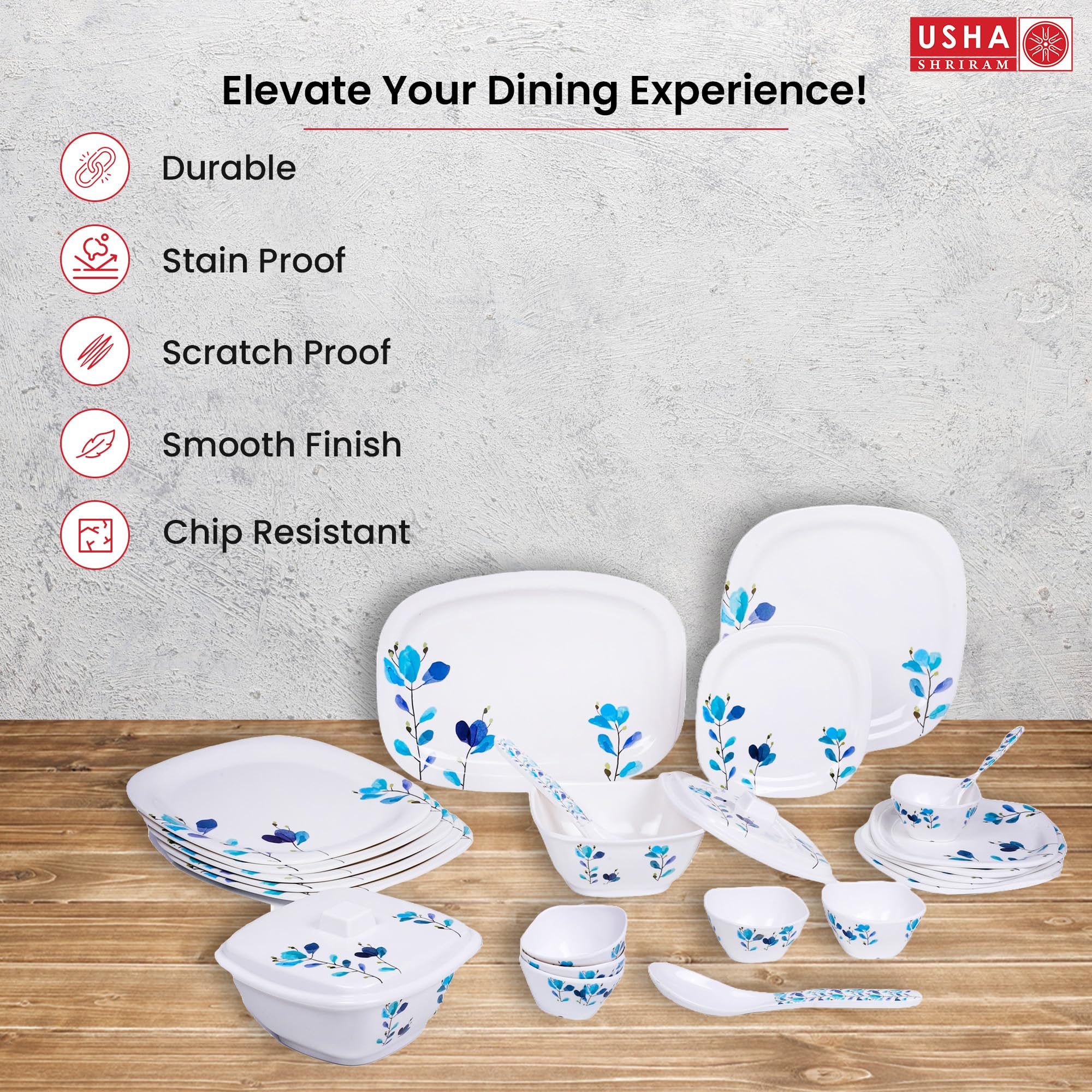 USHA SHRIRAM Dinner Set 31 Piece Fibre Dinner Set for Family Melamine Set Unbreakable Heat Resistant Durable Shatter Resistant Light