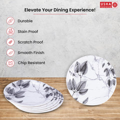 USHA SHRIRAM Melamine 6 Plate Set |Fibre Dinner Set for Family |Melamine Set | Unbreakable | Heat Resistant| Durable| Shatter Resistant| Light Weight| BPA Free (Black Marble Flower)