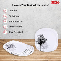 USHA SHRIRAM Melamine 6 Plate Set | Fibre Dinner Set for Family | Melamine Set | Unbreakable | Heat Resistant| Durable| Shatter Resistant | Light Weight| BPA Free (Black Tree)