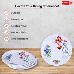 USHA SHRIRAM Melamine 6 Plate Set |Fibre Dinner Set for Family |Melamine Set | Unbreakable | Heat Resistant| Durable| Shatter Resistant| Light Weight| BPA Free (Red Flower)