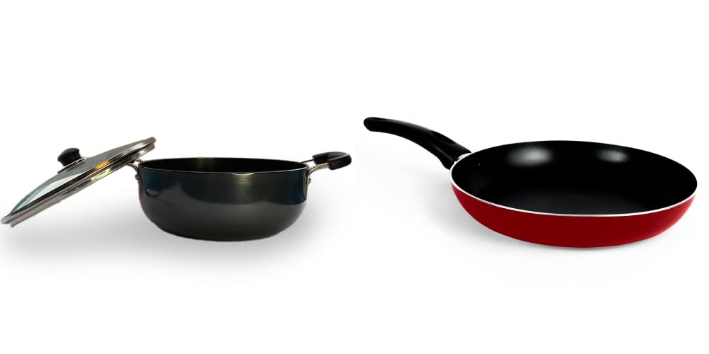 USHA SHRIRAM Non Stick Cookware Set - Fry Pan 26 cm & Kadai 4.4 litres | Induction & Gas Kadai with Glass Lid | Scratch Resistant | Anodised Aluminium Kadai | Sturdy Handles- Kitchen Set for Home