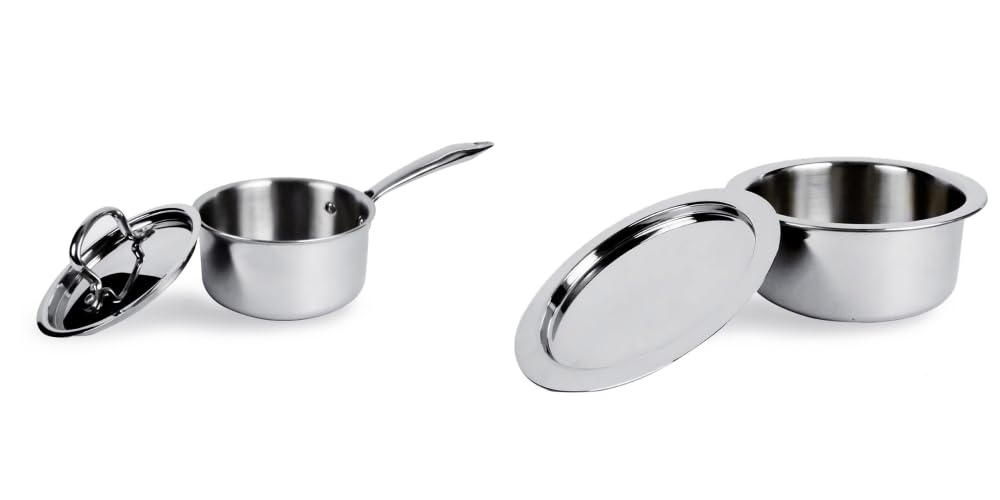 USHA SHRIRAM Triply Stainless Steel Sauce Pan with Lid | Stove & Induction Cookware | Heat Surround Cooking | Easy Grip Handles | Steel Tea & Milk Pan with Handle | Soup Pan (2Pcs - 1.5L, 1.4L)