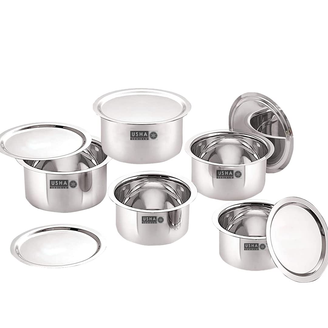 USHA SHRIRAM Stainless Steel Tope Set |Gas & Induction Heating |Stainless Steel Patila, Durable & Wobble Free Base | Flat Bottom (Steel Tope (5 Pcs) - with Lid)