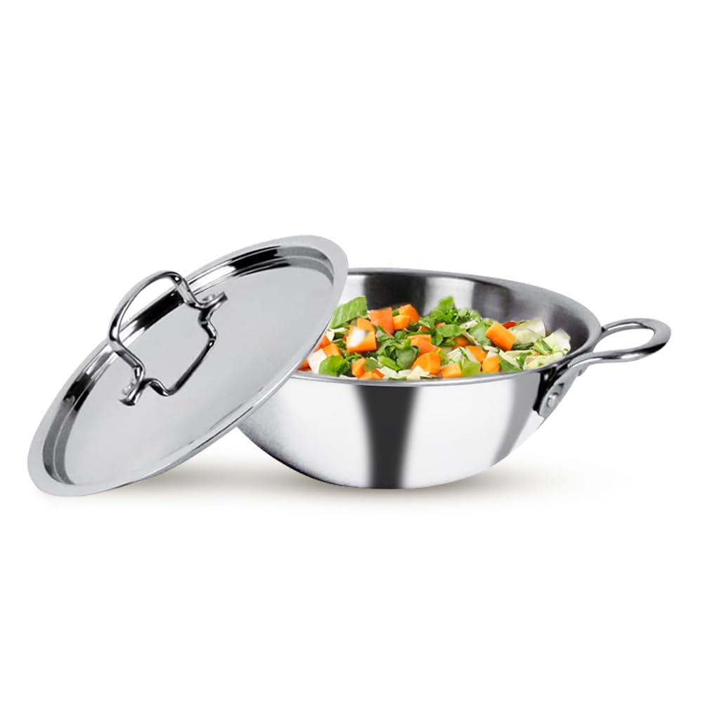 USHA SHRIRAM Triply Stainless Steel Kadai with Lid | 24 cm Diameter | 2.6 L Capacity (2Pcs) | Stove & Induction Cookware | Heat Surround Cooking | Triply Stainless Steel cookware with lid
