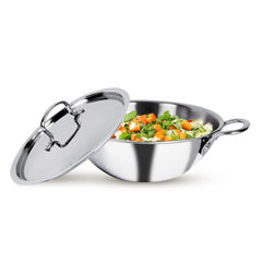 USHA SHRIRAM Triply Stainless Steel Kadai with Lid | 20 cm Diameter | 1.6 L Capacity (2 Pcs) | Stove & Induction Cookware | Heat Surround Cooking | Triply Stainless Steel Kadhai with lid