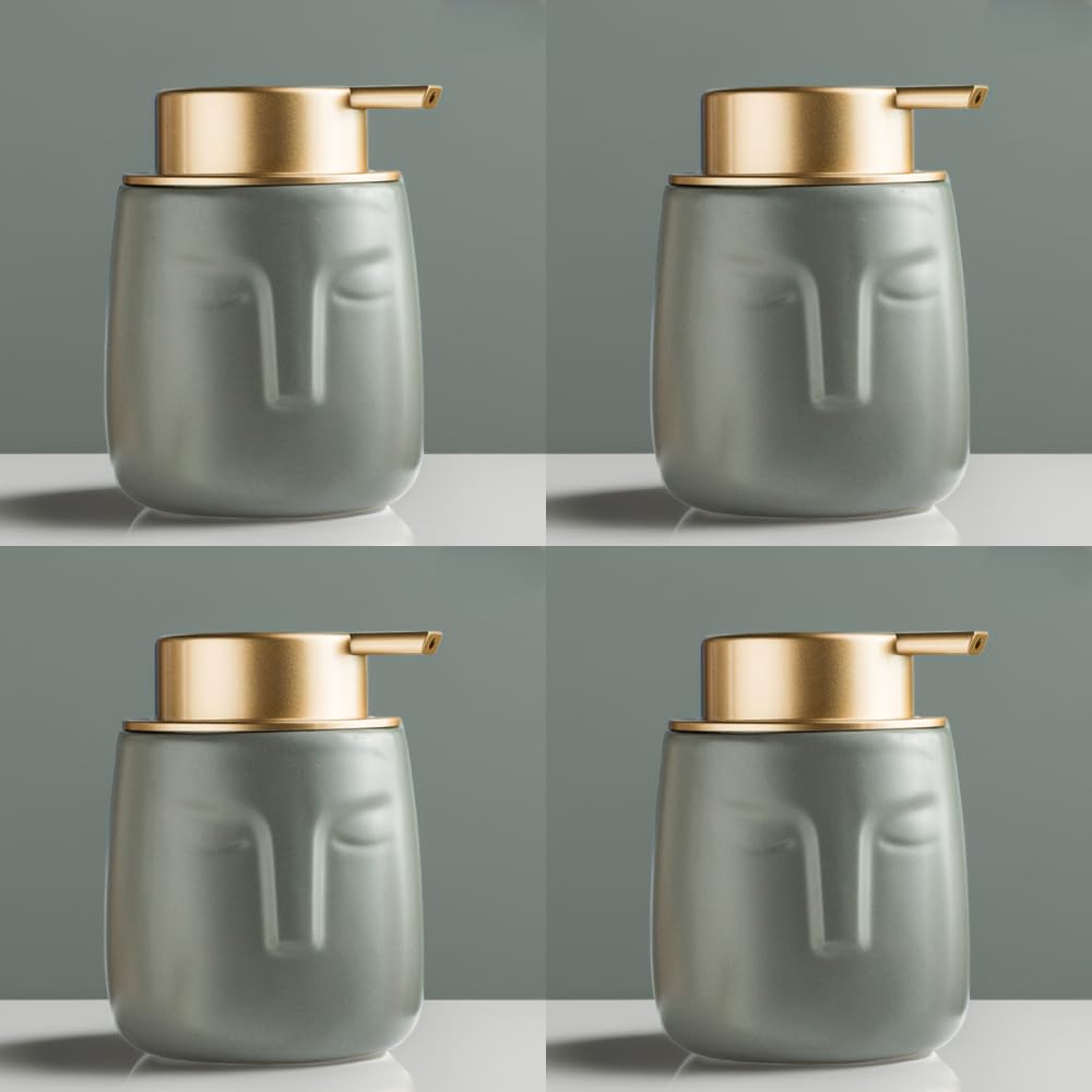 USHA SHRIRAM 350ml Soap Dispenser Bottle | Ceramic Soap & Lotion Dispenser Set | Kitchen Dish Soap Pump Dispenser Set | Hand Shower Washing Soap Dispenser (Design 1 - Grey, Pack of 4)