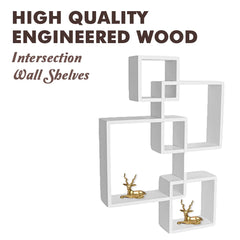 USHA SHRIRAM Set of 4 (2Pcs - White & Brown) Intersecting Wall Mounted Shelf | Ready to Assemble Wooden Shelf Durable Engineered Wood | Sturdy & Long Lasting Wall Shelves