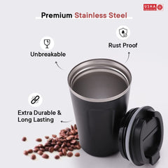 USHA SHRIRAM Insulated Stainless Steel Coffee Mug with Lid (510ml) | Leak - Proof | Double Wall Insulated Mug for Coffee & Tea | Hot and Cold Tumbler | Coffee Mug with Lid for Home & Office (Black)