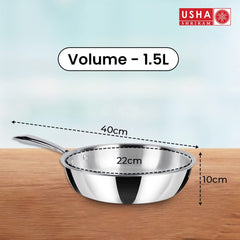 USHA SHRIRAM Triply Stainless Steel Frying Pan with Lid (1.5L) | Stove & Induction Cookware | Heat Surround Cooking | Easy Grip Handles | Stainless Steel Fry Pan with Lid