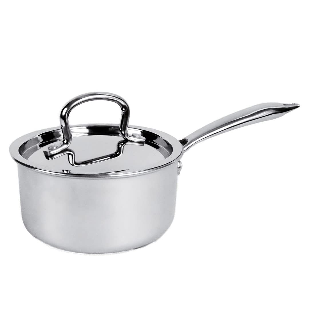 USHA SHRIRAM Triply Stainless Steel Sauce Pan with Lid (1.5L) | Stove & Induction Cookware | Small Induction Sauce Pan for Tea with Long Handle | Steel Sauce Soup Pan for Tea | Milk Pan