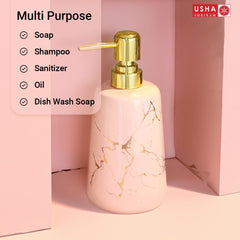 USHA SHRIRAM 260ml Soap Dispenser Bottle | Ceramic Soap & Lotion Dispenser Set | Kitchen Dish Soap Pump Dispenser Set | Hand Shower Washing Soap Dispenser (Design1 - Pink, Pack of 1)
