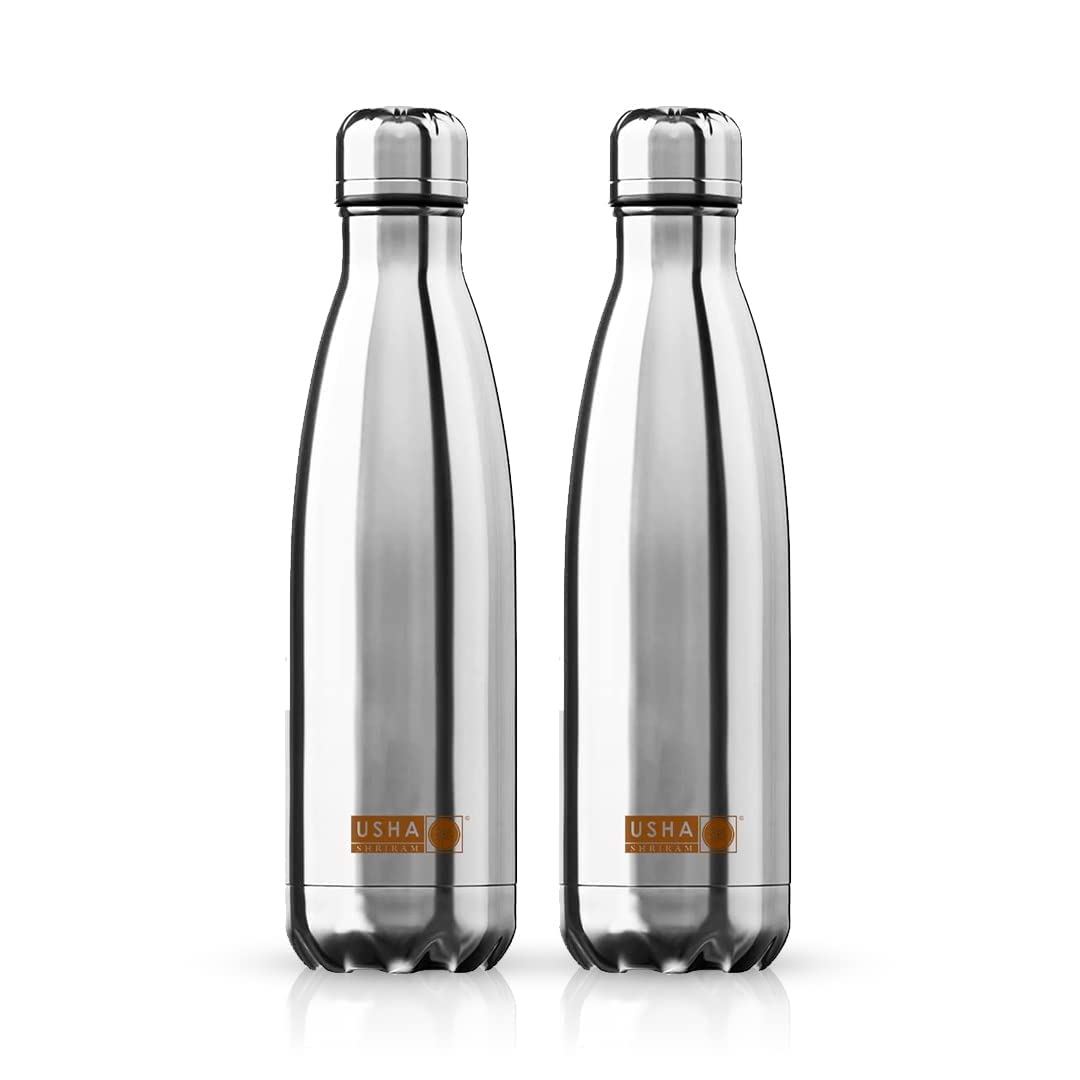 USHA SHRIRAM Insulated Stainless Steel Water Bottle (1L) | Water Bottle for Home, Office & Kids | Hot for 18 Hours, Cold for 24 Hours | Rust-Free & Leak-Proof (Pack of 2, Silver)